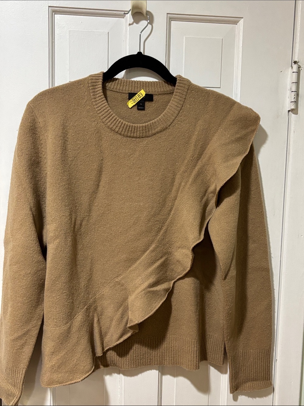 J. Crew Women’s camel Crewneck Sweater with Diagonal Ruffle